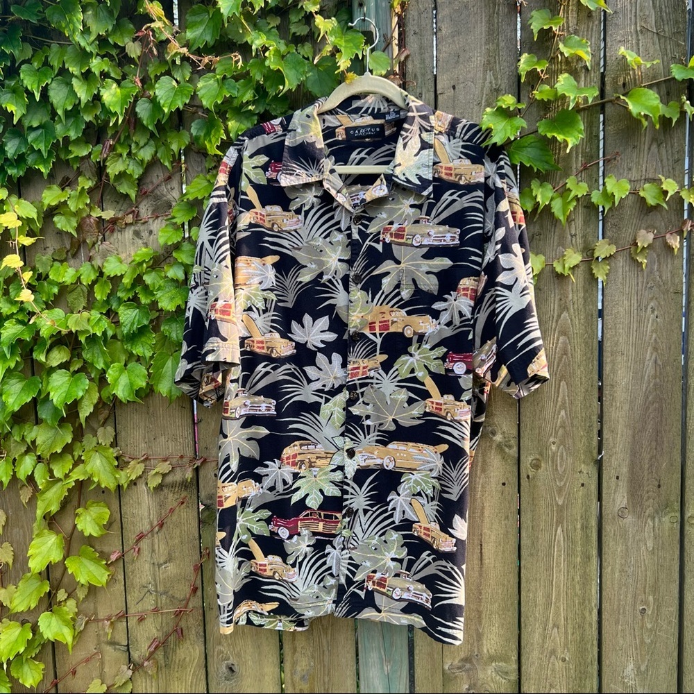 Vintage black palm & car print dad shirt